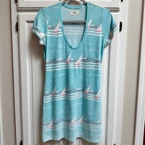 Sol Angeles Scoop Neck T-Shirt Dress Blue with Sailboats Size Large